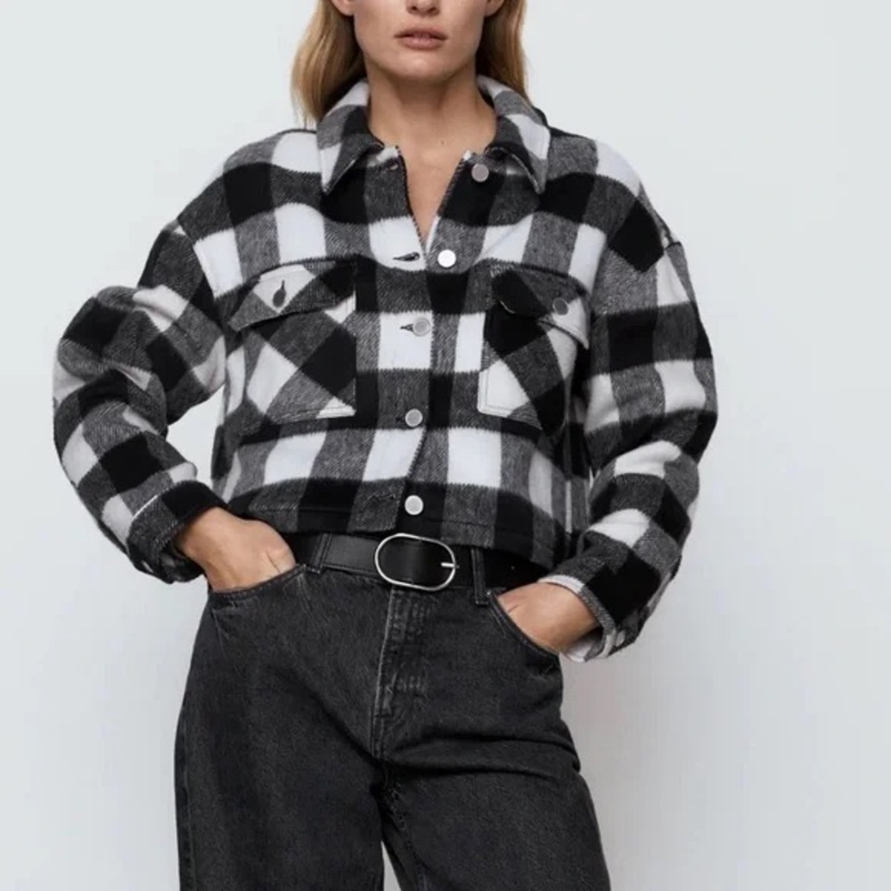 Zara cropped plaid jacket black white